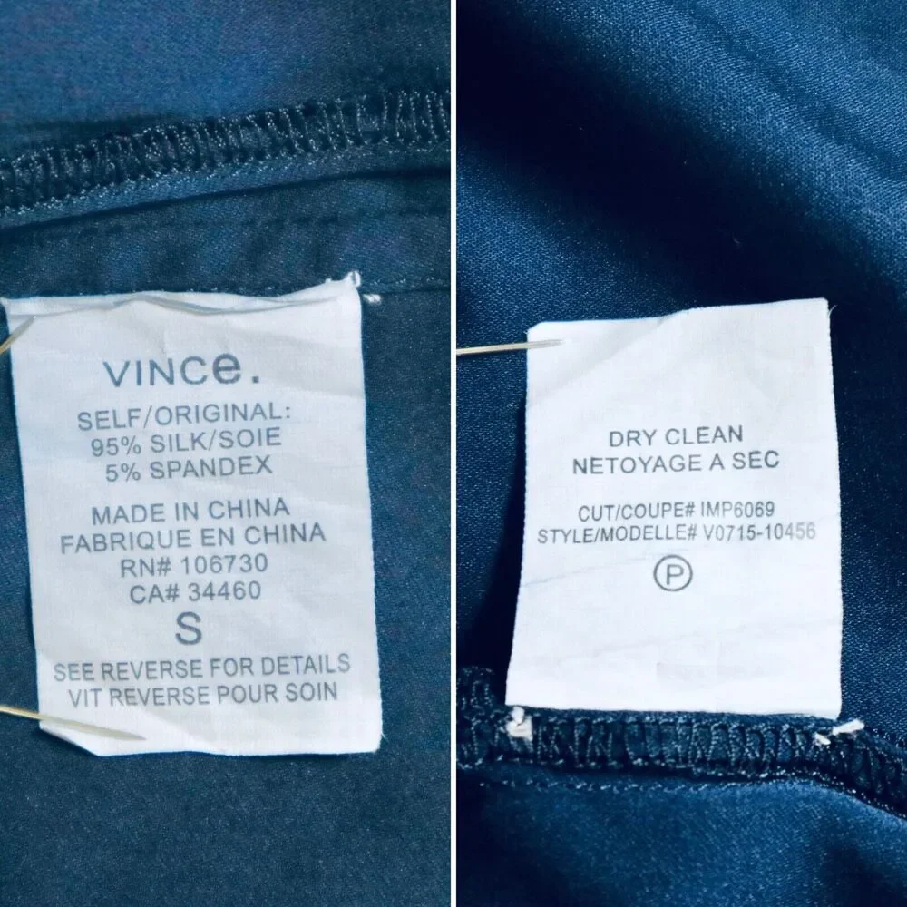 Vince Size S Stretch Silk Satin Boxy Blouse Gold Zipper Neck Navy Blue